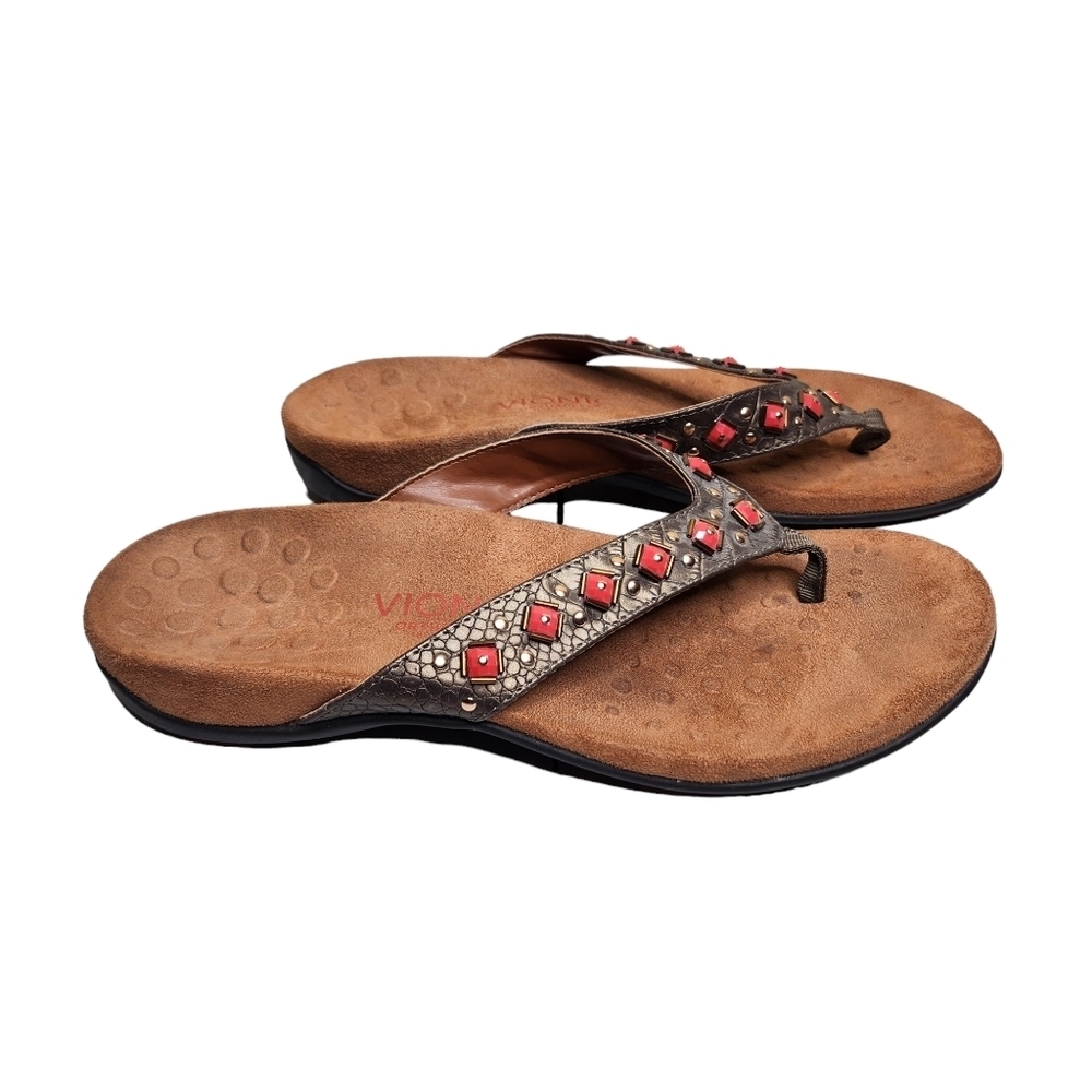 Vionic Floriana women's gray leather beaded thong orthotic sandals Size 9